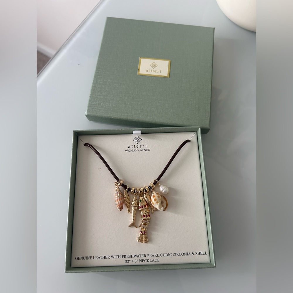 Viral Atterri Gold sardine Fish Shell Charm Brown Leather Necklace